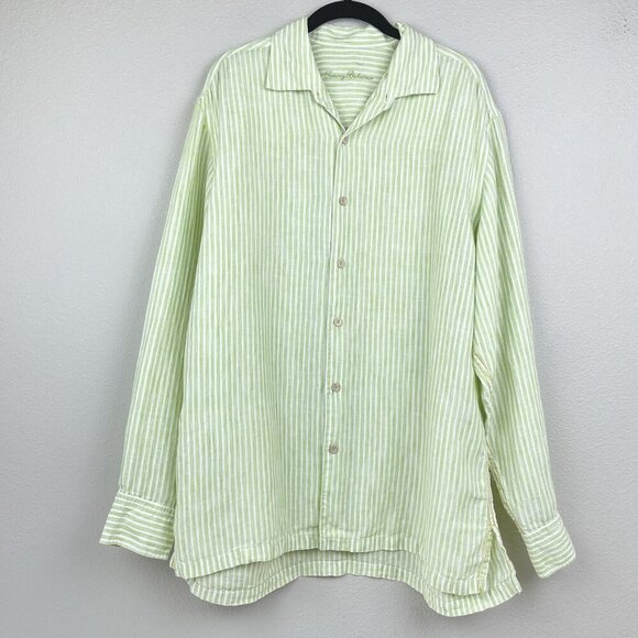 Tommy Bahama Men's Large 100% Linen Button Down Collared Shirt Green White Strip - Picture 1 of 16